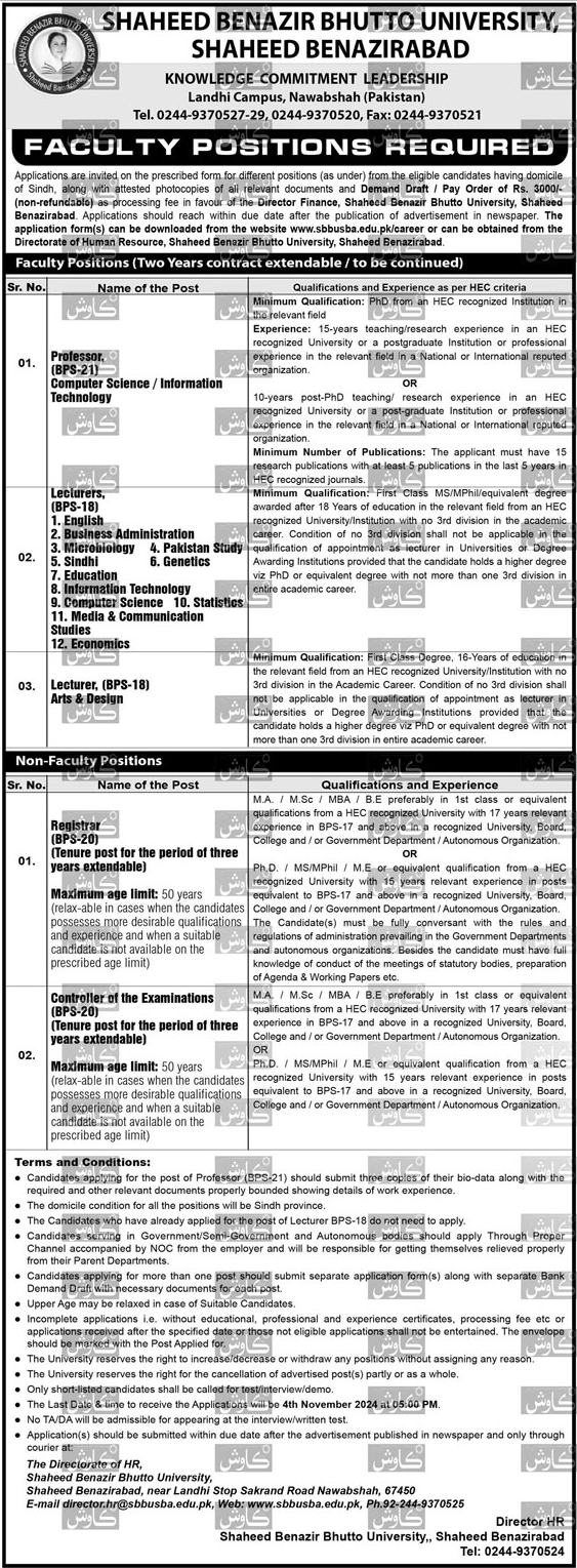 Latest Shaheed Benazir Bhutto University Nawabshah Jobs 2024 