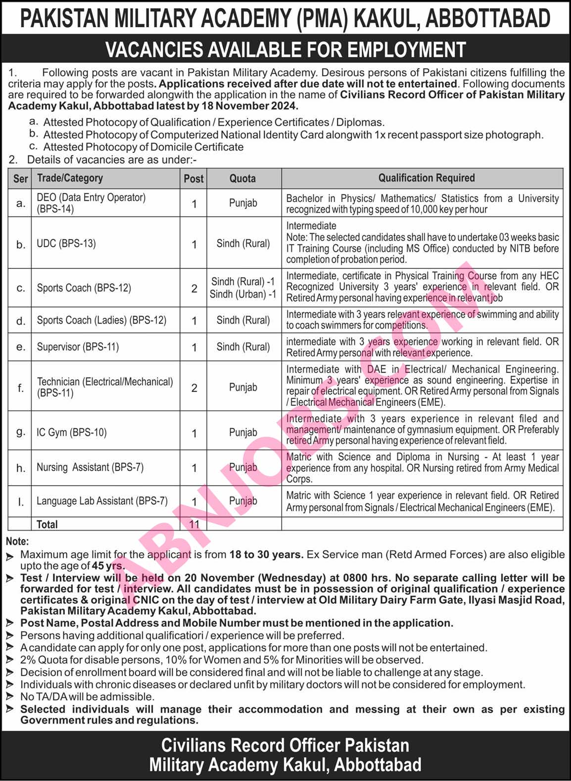 Today Pakistan Military Academy PMA KAKUL Jobs 2024 Advertisement