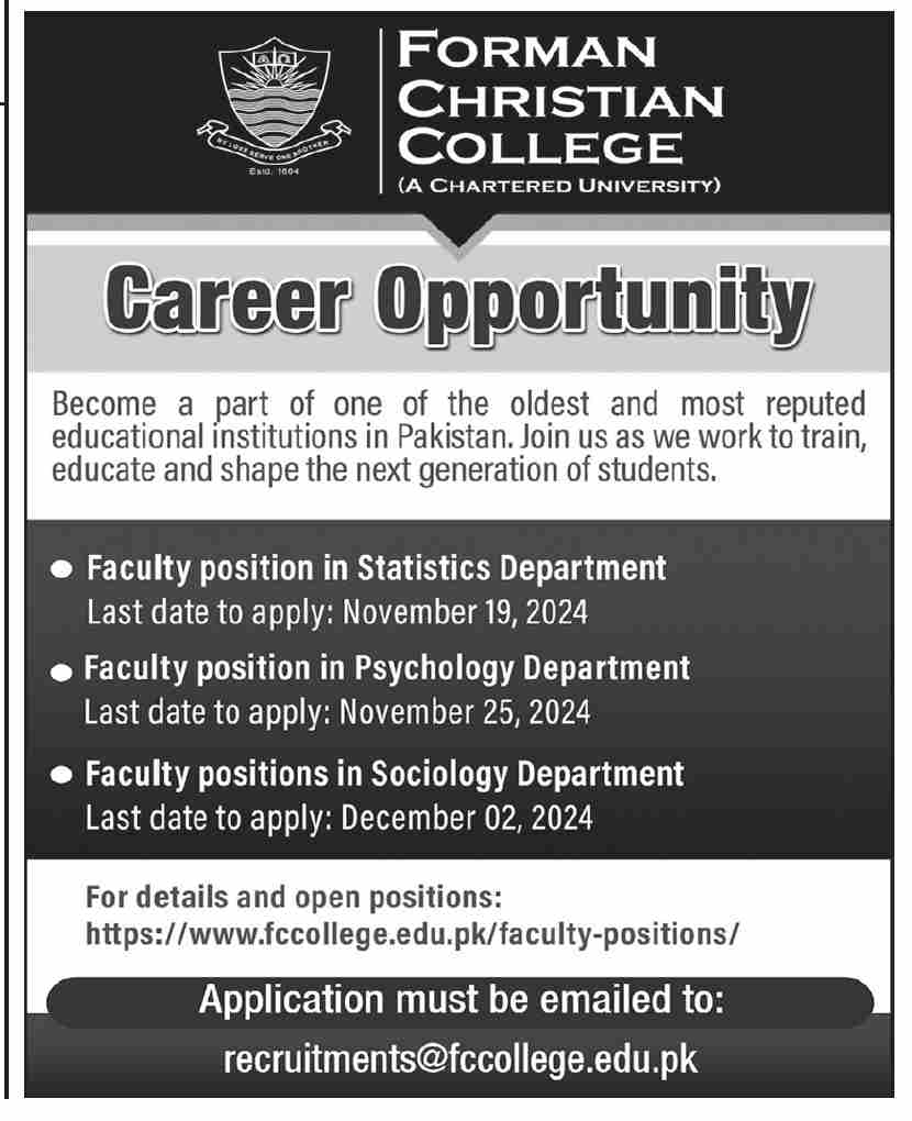 Forman Christian College Karachi Jobs 2024 Apply Online