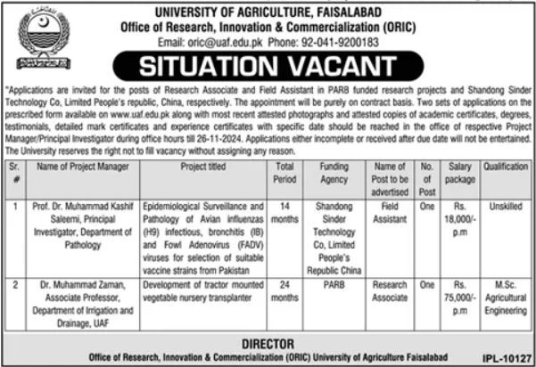 University Of Agriculture UOA Faisalabad ORIC Jobs 2024 For Research Posts