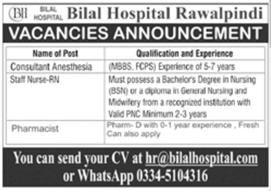 Bilal Hospital Rawalpindi Jobs 2024 For Male & Female Staff